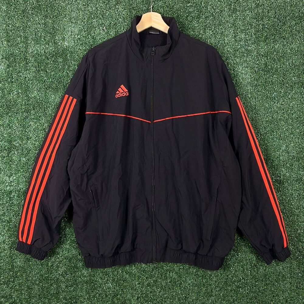 Adidas Men's Track Jacket Size L Black Red 3 Stripe Full Zip Windbreaker